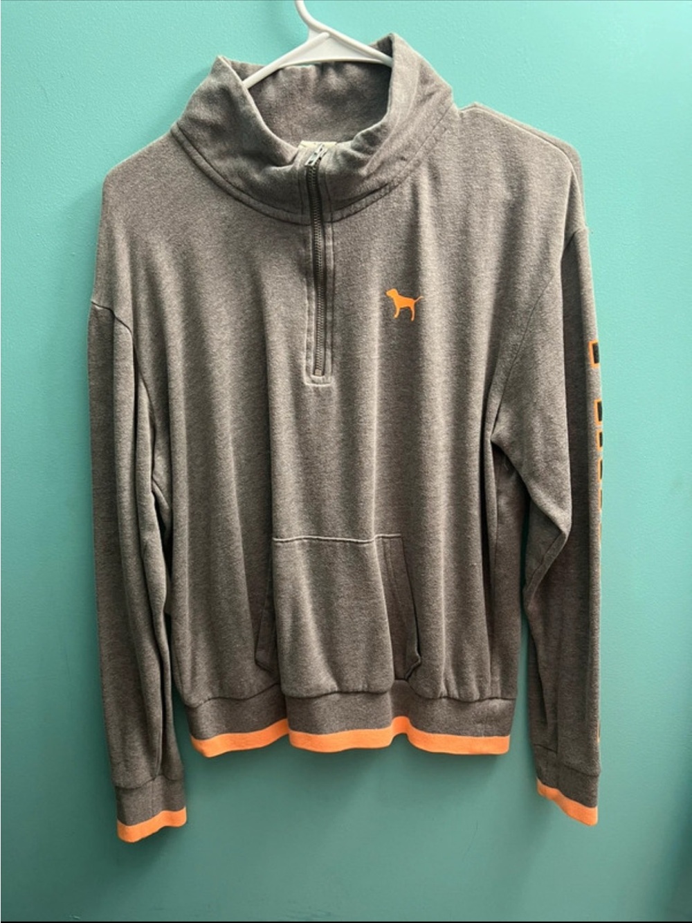 PINK Victoria's Secret Gray Long-Sleeve Quarter-Zip Pullover with Orange Trim